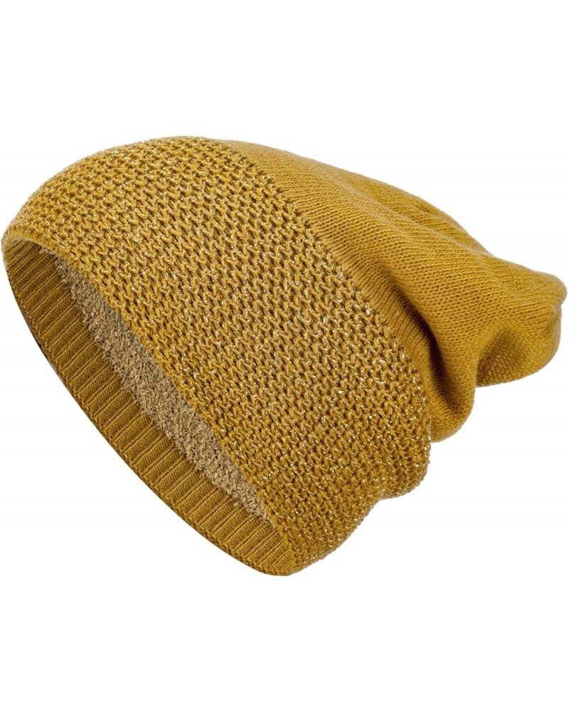 BYOS Womens Winter Knit Plush Fleece Lined Beanie Ski Hat Sk Skullie Various Styles Glitter Thread No Cuff (Mustard Yellow) $...