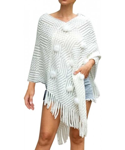 Women Splice Poncho With Tassels Faux Plush Shawl Scarf Fringed Wraps Pashminas Sweater Fashion Head Scarf for Women White-d ...