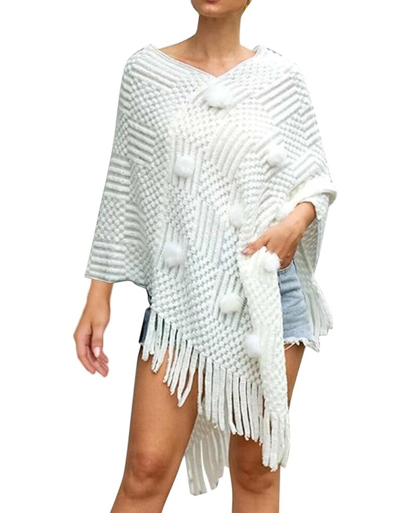 Women Splice Poncho With Tassels Faux Plush Shawl Scarf Fringed Wraps Pashminas Sweater Fashion Head Scarf for Women White-d ...