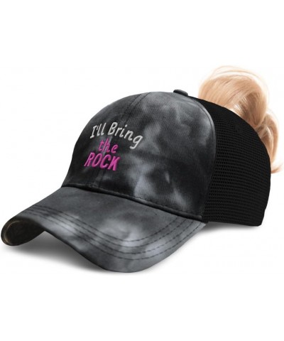 Womens Ponytail Cap I'll Bring The Rock Cotton Distressed Trucker Hats Tie Dye Black $18.59 Baseball Caps