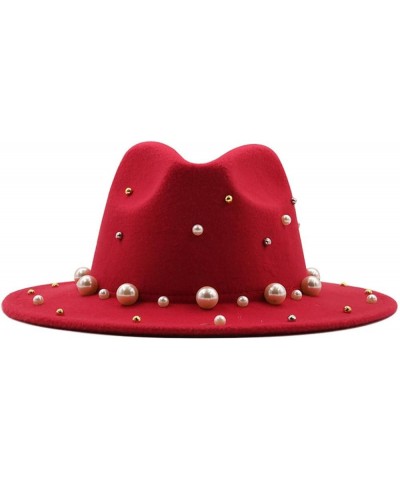 Spring Autumn Women Wide Brim Wool Felt Top Hat Pearl Accessories Jazz Party Wedding Fedora Hats Red $13.20 Fedoras