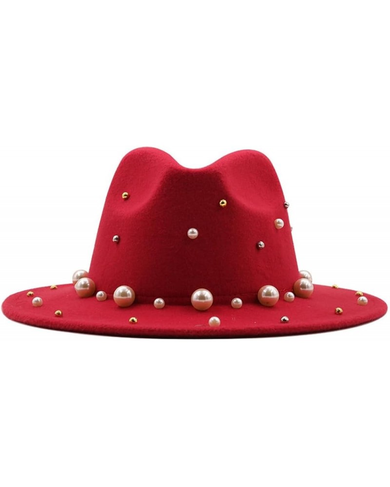 Spring Autumn Women Wide Brim Wool Felt Top Hat Pearl Accessories Jazz Party Wedding Fedora Hats Red $13.20 Fedoras