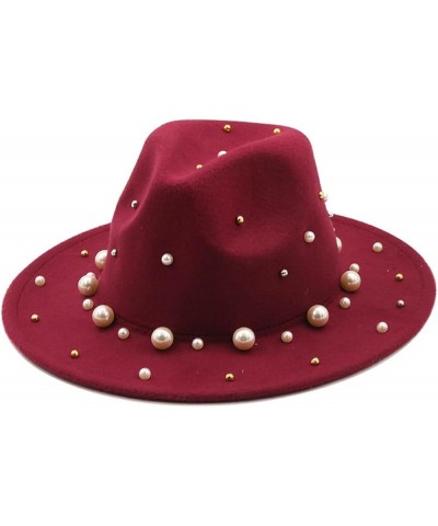 Spring Autumn Women Wide Brim Wool Felt Top Hat Pearl Accessories Jazz Party Wedding Fedora Hats Red $13.20 Fedoras