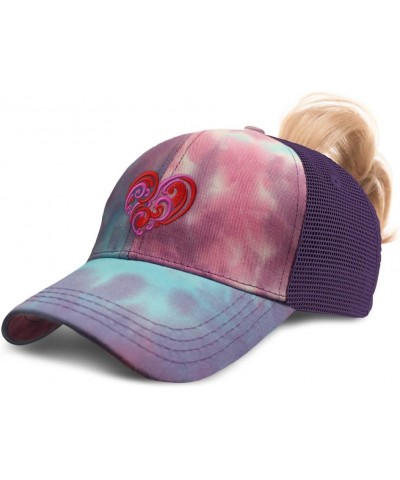 Womens Ponytail Cap Love Swirly Heart Valentine Embroidery Valentines Day Cotton Distressed Trucker Hats Tie Dye Purple $12.4...