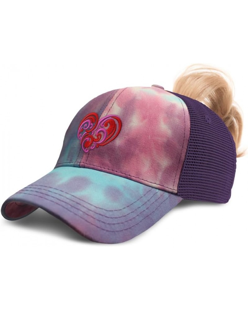 Womens Ponytail Cap Love Swirly Heart Valentine Embroidery Valentines Day Cotton Distressed Trucker Hats Tie Dye Purple $12.4...