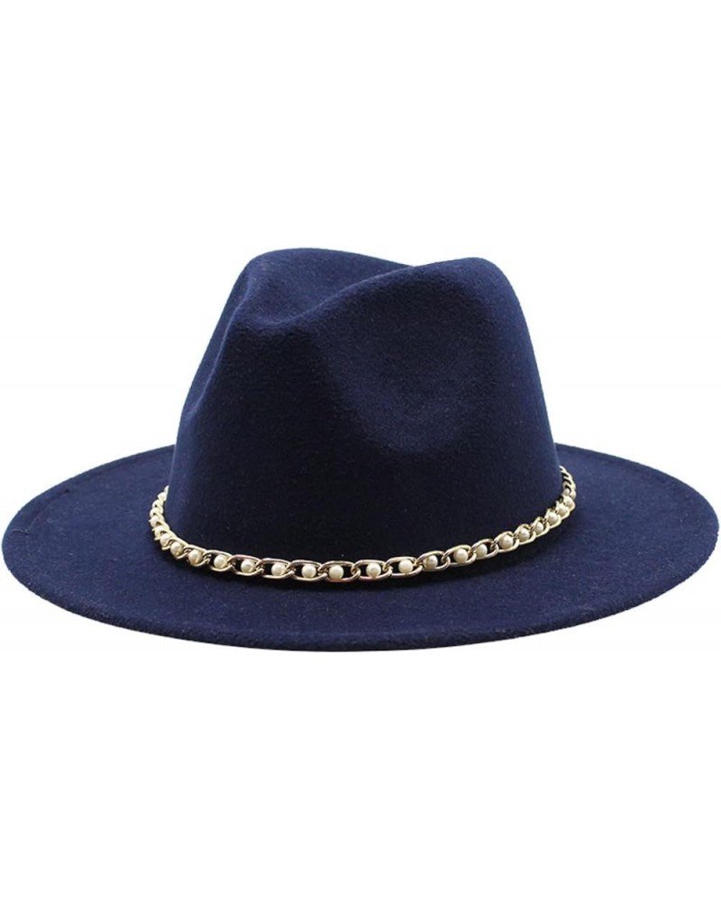 Men and Women Classic Wide Brim Fedora Hat Wool Felt Party Formal Trilby Hats with Pearl Fashion Classic Solid Jazz Caps Navy...