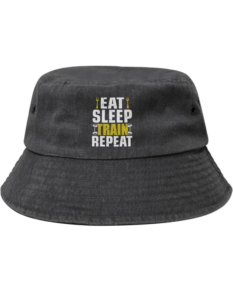 Eat Sleep Train Repeat Bucket Hat for Women Men Summer Travel Sun Hat Outdoor Cap Funny Bucket Hats Black $13.98 Bucket Hats