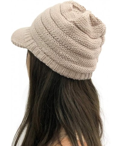 Women Thick Warm Cap Stylish Solid Knit Benie Hat Soft Stretch Cute Winter Hats with Visor Khaki $8.57 Skullies & Beanies