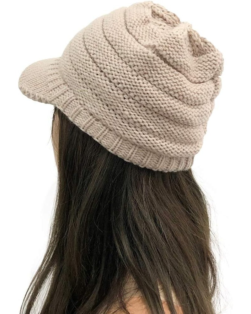 Women Thick Warm Cap Stylish Solid Knit Benie Hat Soft Stretch Cute Winter Hats with Visor Khaki $8.57 Skullies & Beanies