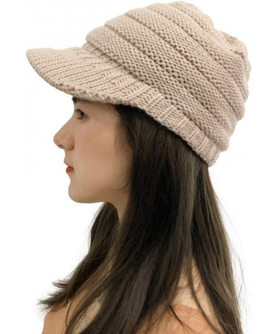 Women Thick Warm Cap Stylish Solid Knit Benie Hat Soft Stretch Cute Winter Hats with Visor Khaki $8.57 Skullies & Beanies