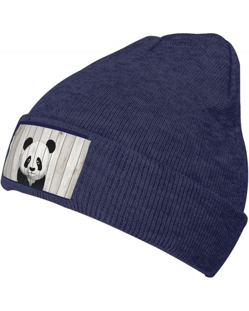 White Wooden Panda Print Knit Beanie for Men Women Casual Knit Hat Winter Knit Cuffed Beanie Soft Hat Navy Blue $11.03 Skulli...