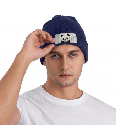 White Wooden Panda Print Knit Beanie for Men Women Casual Knit Hat Winter Knit Cuffed Beanie Soft Hat Navy Blue $11.03 Skulli...