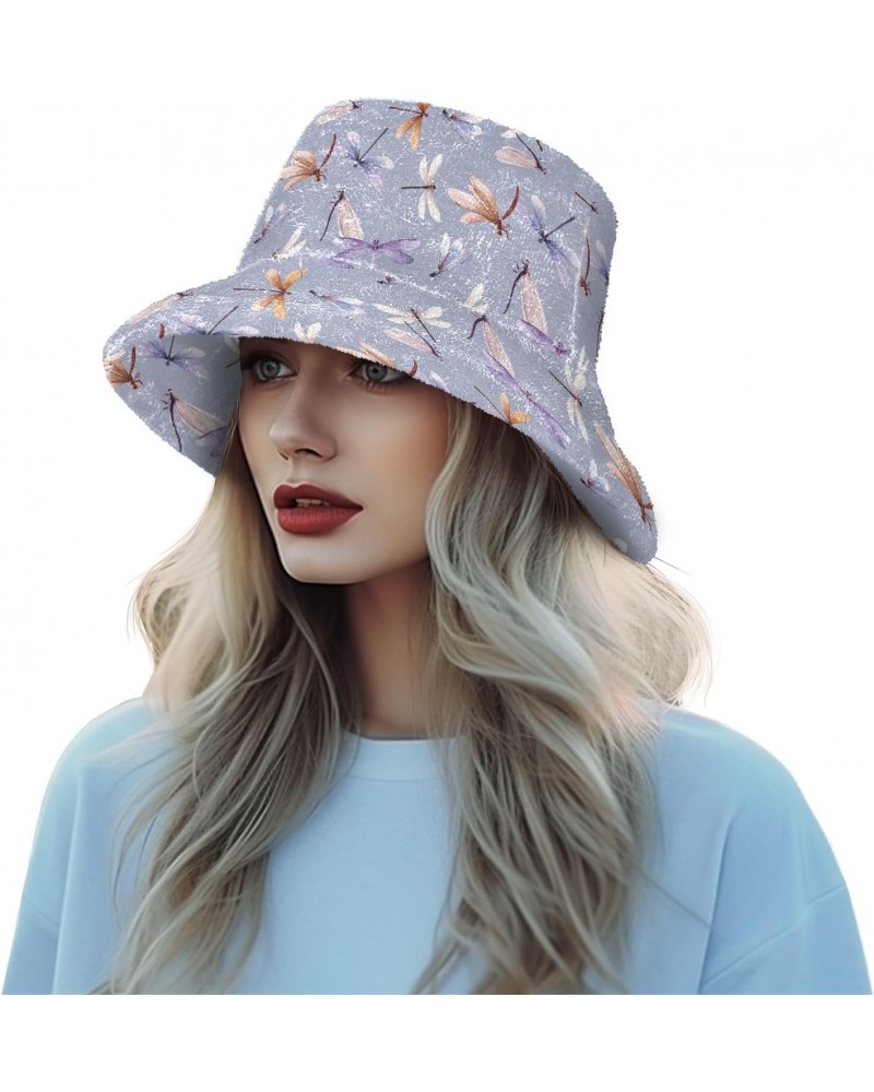 Watercolor Dragonfly Fuzzy Bucket Hat for Women Winter Cap Plush Fluffy Bucket Hat for Sports $13.67 Bucket Hats