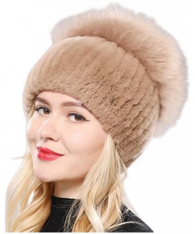 Russia Winter Women Fur Beanies Hat Girls Natural Fur Skullies Cap Knitted Fur Hats Khaki $29.53 Skullies & Beanies