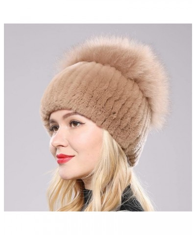 Russia Winter Women Fur Beanies Hat Girls Natural Fur Skullies Cap Knitted Fur Hats Khaki $29.53 Skullies & Beanies