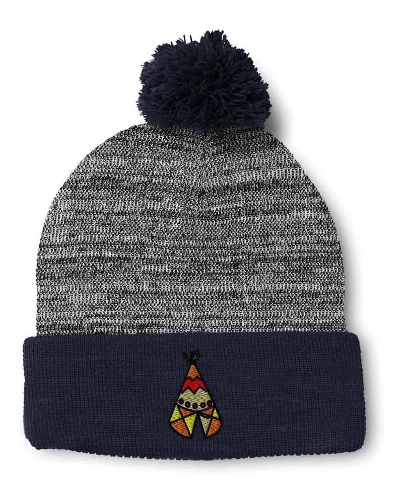 Custom Pom Pom Beanies for Women Native Indian Tepee Tribal Embroidery Skull Cap Winter Hats for Men 1 Size Heather Gray Navy...