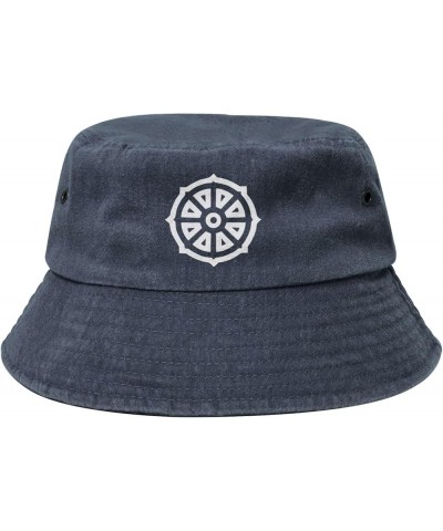 Buddhist Symbols Washed Cowboy Bucket Hat,Denim Cotton Outdoor Sun Hat Flat Top Cap for Fishing Hiking Beach Sports Navy Blue...