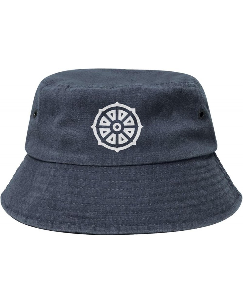 Buddhist Symbols Washed Cowboy Bucket Hat,Denim Cotton Outdoor Sun Hat Flat Top Cap for Fishing Hiking Beach Sports Navy Blue...