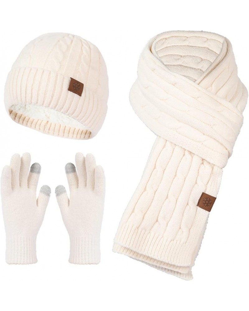 New Knitted Hat Scarf Gloves Women's Fleece Cold Proof Warm Keeping Three Piece Set Hat Gloves Beige $17.46 Scarves