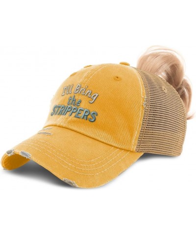 Womens Ponytail Cap I'll Bring The Strippers Cotton Distressed Trucker Hats Mustard $15.11 Baseball Caps