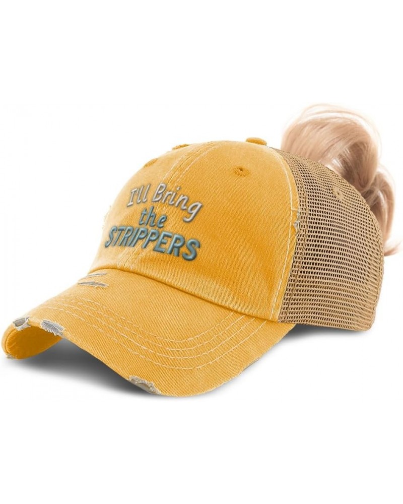 Womens Ponytail Cap I'll Bring The Strippers Cotton Distressed Trucker Hats Mustard $15.11 Baseball Caps