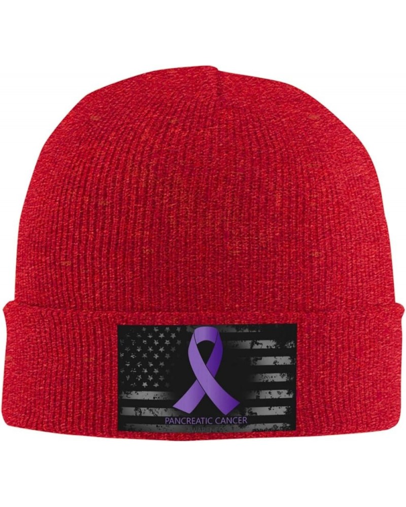 Pancreatic Cancer Awareness Purple Ribbon Knit Hats Winter Warm Chunky Beanie Hat for Men Women Red $14.06 Skullies & Beanies