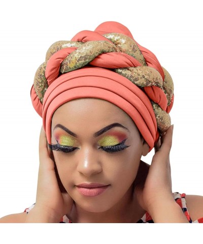 Women Sequin African Turban Bow Knot Pre-Tied Cap Pleated Ruffle Bonnet Hat Headwrap Caps Gifts Christmas Watermelon Red $7.8...