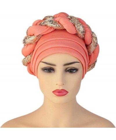 Women Sequin African Turban Bow Knot Pre-Tied Cap Pleated Ruffle Bonnet Hat Headwrap Caps Gifts Christmas Watermelon Red $7.8...