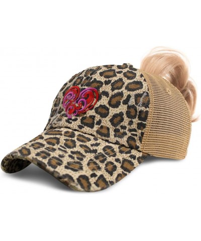 Womens Ponytail Cap Love Swirly Heart Valentine Embroidery Valentines Day Cotton Distressed Trucker Hats Leopard $12.47 Baseb...