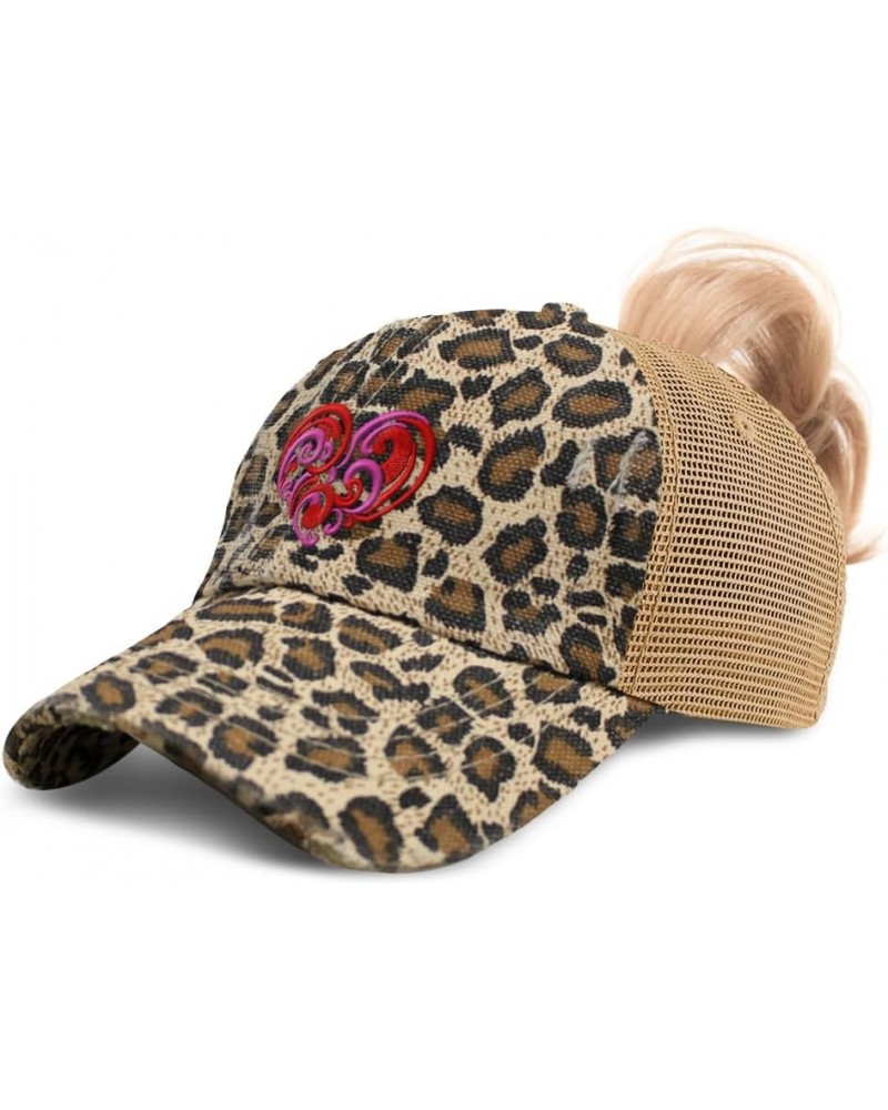 Womens Ponytail Cap Love Swirly Heart Valentine Embroidery Valentines Day Cotton Distressed Trucker Hats Leopard $12.47 Baseb...