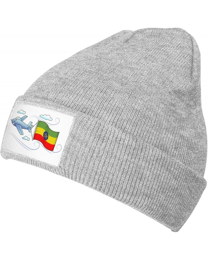 Airplane with Flag Ethiopia Knitted Hat Acrylic Cold Weather Hat Warm Brimless hat Elastic Force Caps Gray $11.05 Skullies & ...