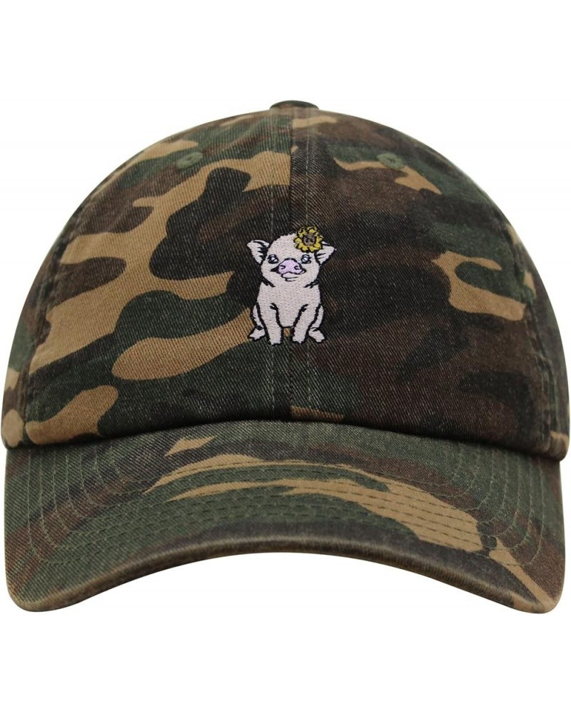 Pig with Flower Hair Pin Premium Dad Hat Embroidered Cotton Baseball Cap Cute Green Camo $12.99 Baseball Caps