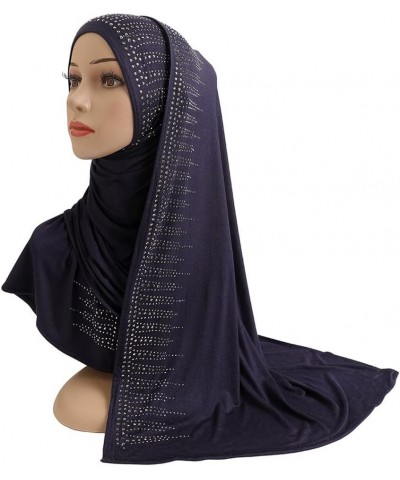 Cotton Jersey Muslim Long Scarf with Diamonds Modal Scarf Islamic Hijab Shawl Arabic Rectangular wrap Lady Wear Navy Blue $21...