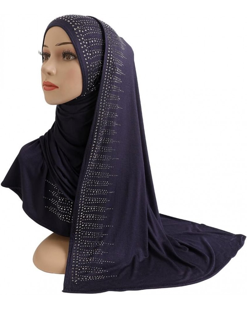 Cotton Jersey Muslim Long Scarf with Diamonds Modal Scarf Islamic Hijab Shawl Arabic Rectangular wrap Lady Wear Navy Blue $21...