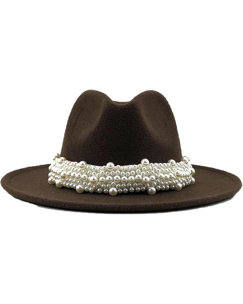 Wool Fedora Hats Casual Leather Pearl Ribbon Felt Hat Formal Party Cap Outdoor Men Cowboy Hats 56-58CM Brown $9.93 Fedoras