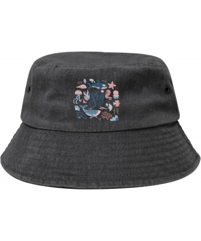 Seamless Chart of Sea Animals Bucket Hat for Women Men Summer Travel Sun Hat Outdoor Cap Funny Bucket Hats Black $12.73 Bucke...