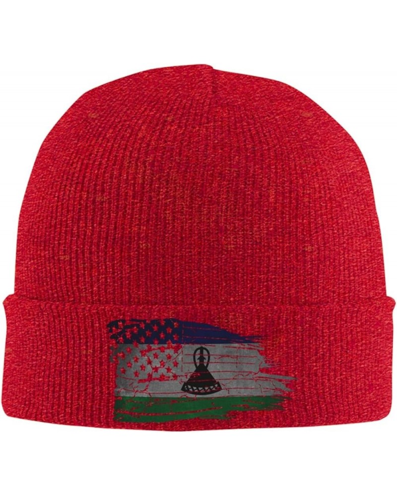 American USA Lesotho Half Flag Winter Warm Knit Hat - Soft Beanie Cap Black Red $13.55 Skullies & Beanies