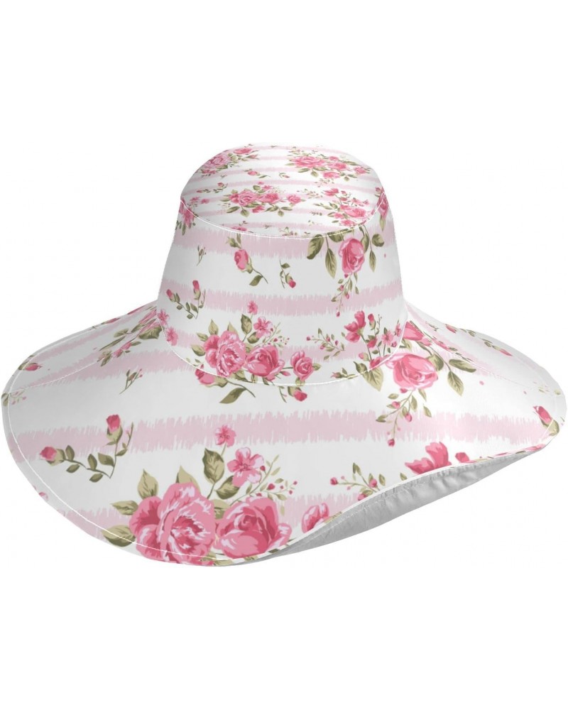 Women's Foldable Floppy Travel Beach Sun Visor Hat Pink Rose Stripe(h4) Wide Brim Visor Waterproof(236ri3a) $12.87 Sun Hats