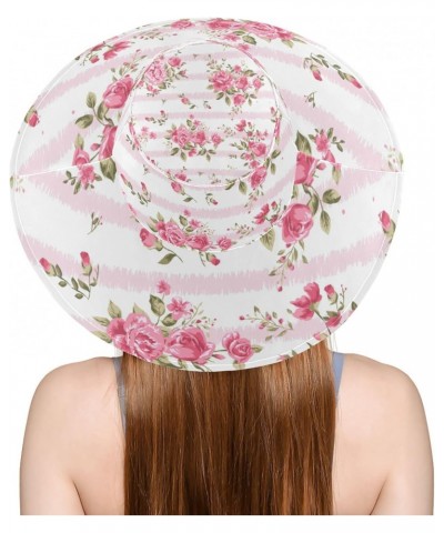 Women's Foldable Floppy Travel Beach Sun Visor Hat Pink Rose Stripe(h4) Wide Brim Visor Waterproof(236ri3a) $12.87 Sun Hats