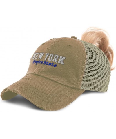 Womens Ponytail Cap New York Empire State Cotton Distressed Trucker Hats Khaki $17.10 Baseball Caps