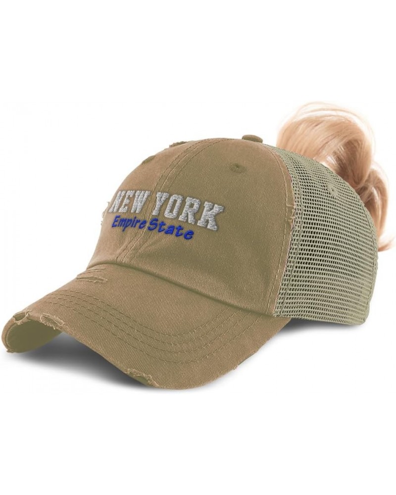 Womens Ponytail Cap New York Empire State Cotton Distressed Trucker Hats Khaki $17.10 Baseball Caps