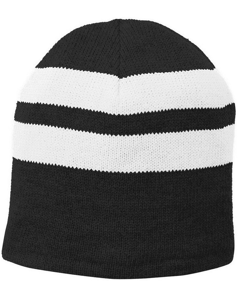 Port & Company Men's Fleece Lined Striped Beanie Cap Black White $6.72 Baseball Caps