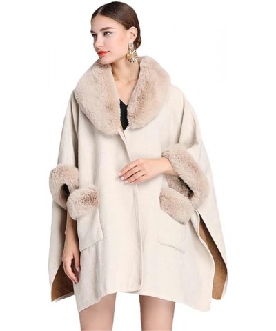 V Lapel Pockets Faux Rabbit Fur Coat Cloak Winter Women Woolen Cape Greatcoat Long Bat Sleeve Wraps Shawl Beige $52.20 Scarves