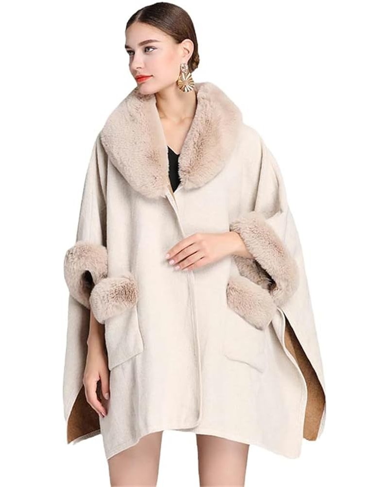 V Lapel Pockets Faux Rabbit Fur Coat Cloak Winter Women Woolen Cape Greatcoat Long Bat Sleeve Wraps Shawl Beige $52.20 Scarves