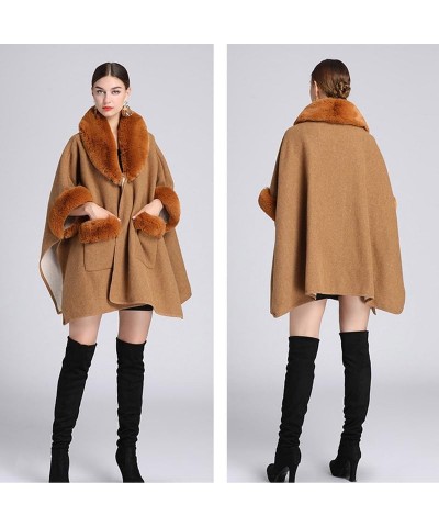 V Lapel Pockets Faux Rabbit Fur Coat Cloak Winter Women Woolen Cape Greatcoat Long Bat Sleeve Wraps Shawl Beige $52.20 Scarves