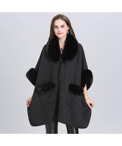 V Lapel Pockets Faux Rabbit Fur Coat Cloak Winter Women Woolen Cape Greatcoat Long Bat Sleeve Wraps Shawl Beige $52.20 Scarves