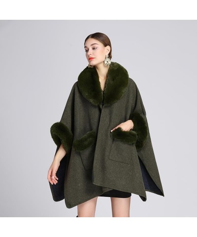 V Lapel Pockets Faux Rabbit Fur Coat Cloak Winter Women Woolen Cape Greatcoat Long Bat Sleeve Wraps Shawl Beige $52.20 Scarves