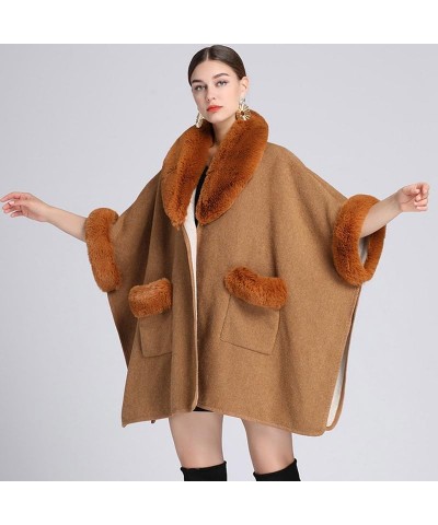 V Lapel Pockets Faux Rabbit Fur Coat Cloak Winter Women Woolen Cape Greatcoat Long Bat Sleeve Wraps Shawl Beige $52.20 Scarves