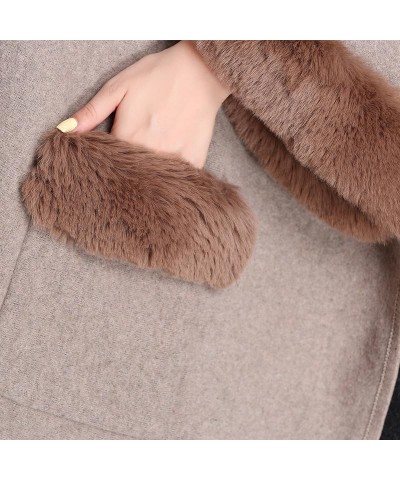 V Lapel Pockets Faux Rabbit Fur Coat Cloak Winter Women Woolen Cape Greatcoat Long Bat Sleeve Wraps Shawl Beige $52.20 Scarves