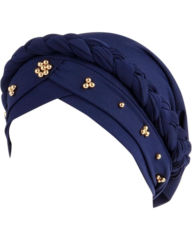 Pre-Tied Braid Hat for Women Faux Pearl Head Wraps for Cancer Patient African Beaded Turban Cap Navy $7.97 Skullies & Beanies